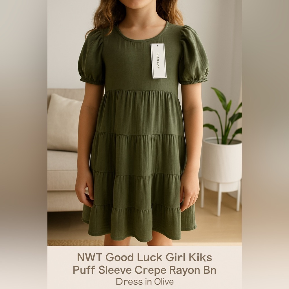 NWT Good Luck Girl Nordstrom Kids' Puff Sleeve Crepe Rayon Tiered Dress Olive YL